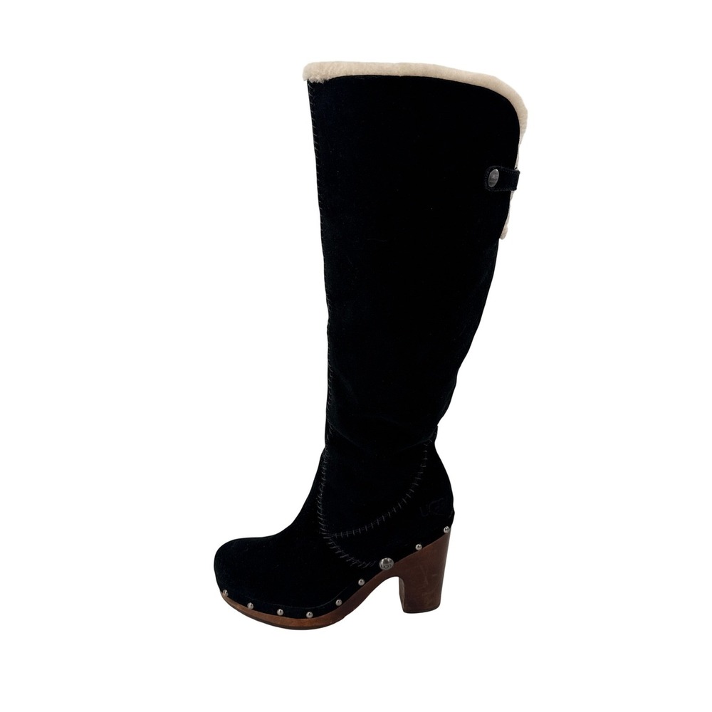 UGG Tall Clog Boots Womens 8 Black Suede Shearling Lillian Wood Heel Studded